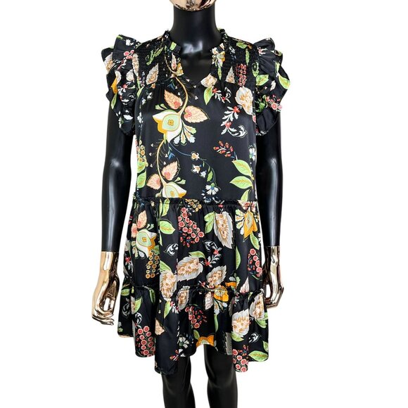 GiGiO USA Black Floral Ruffle Mini Dress Tiered Babydoll Sateen Fabric Small - Picture 5 of 11